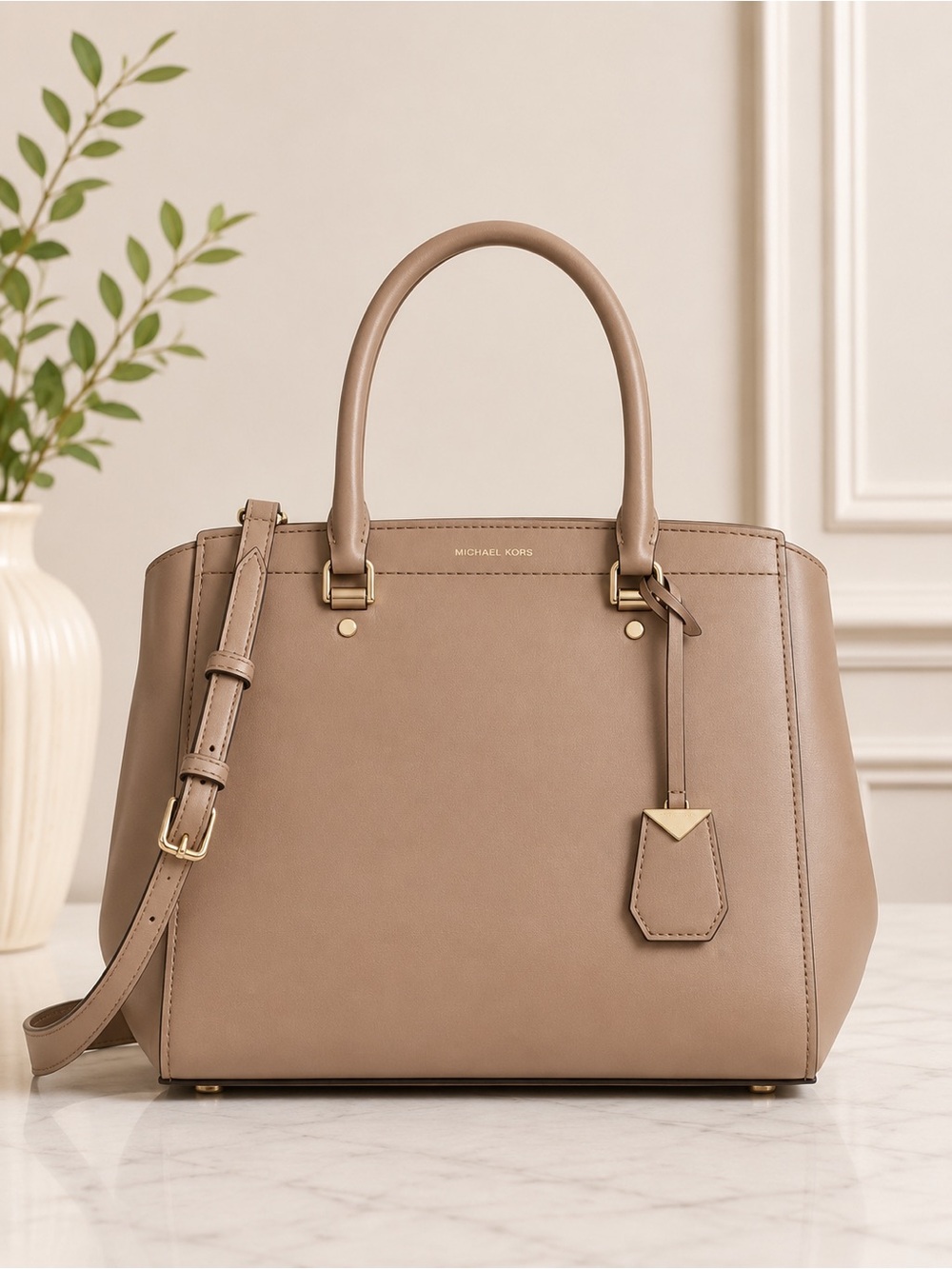 Michael Kors Benning Tan Leather Satchel Crossbody Work Tote